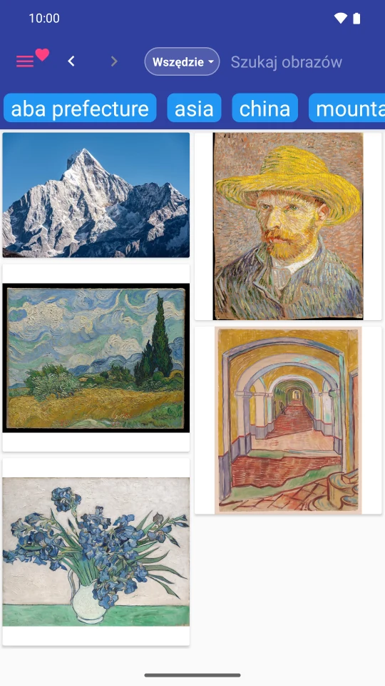 Polska galeria ulubionych ze zdjęciem gór i czterema dziełami Van Gogha.