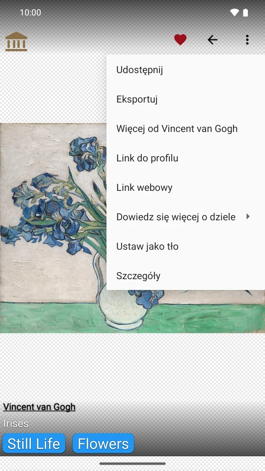 Polskie menu obrazu Irysy Van Gogha: udostępnianie, eksport, źródło i tapeta.